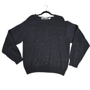 VTG Dana Scott Sweater Womens Large Black Iridescent Beaded Swirl Silk Wool Knit